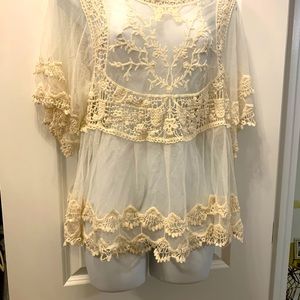 Cream combination tulle and lace blouse